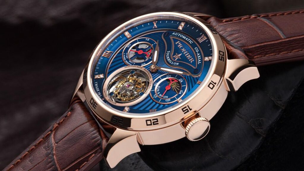 Tufina Geneva Tourbillon for men with blue dial, open heart, brown leather band, sun and moon phase complication, automatic tourbillon movement