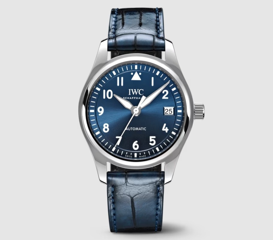 IWC Pilot’s Watch Automatic 36 watch for men with a blue dial, sword hands, silver case, white Arabic numerals and a date calendar window