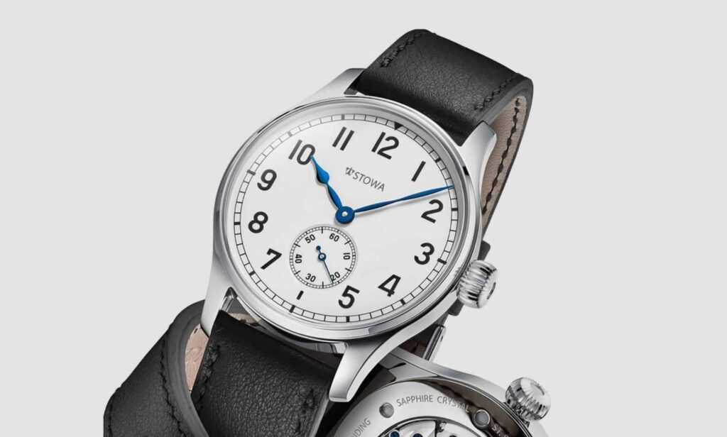 Stowa Marine Classic 36 watch for men with a white dial, minimalist design, blue stick hands, black Arabic numerals