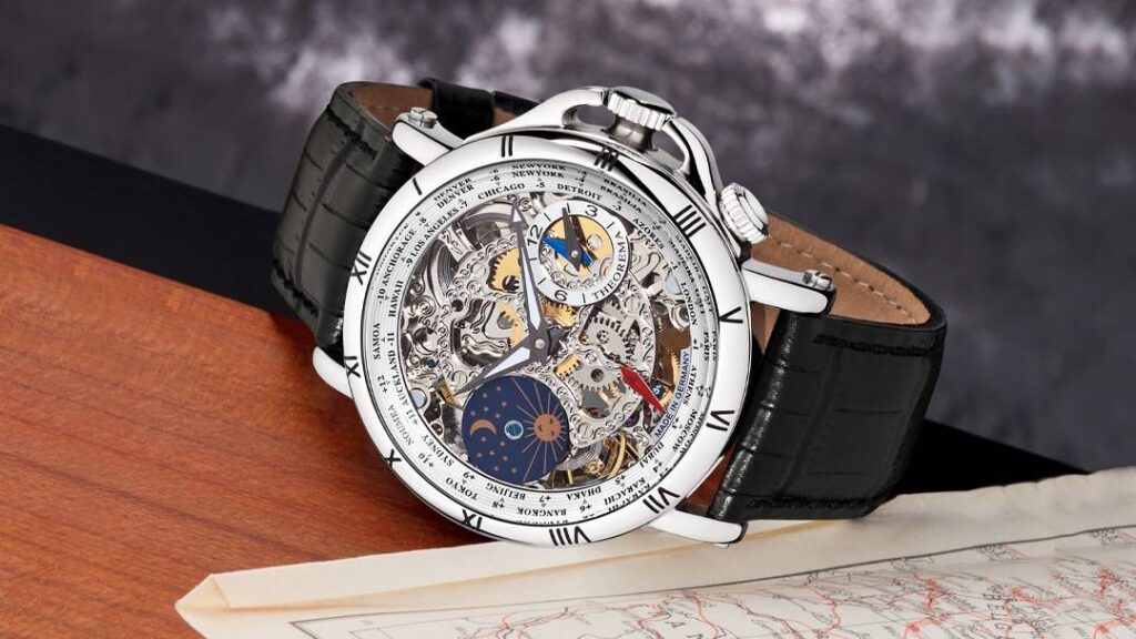 Tufina Sao Paulo Theorema skeleton watch for men with silver case and a black brown leather band