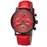 Tufina Chicago Diamonds Red, automatic watch for men with a red dial, red leather band, black case, and full calendar function